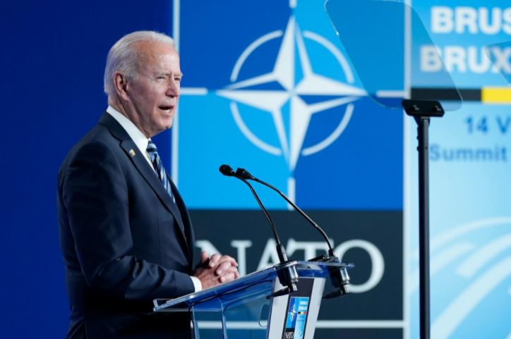 Image of Biden speaking at a 2021 NATO meeting.
